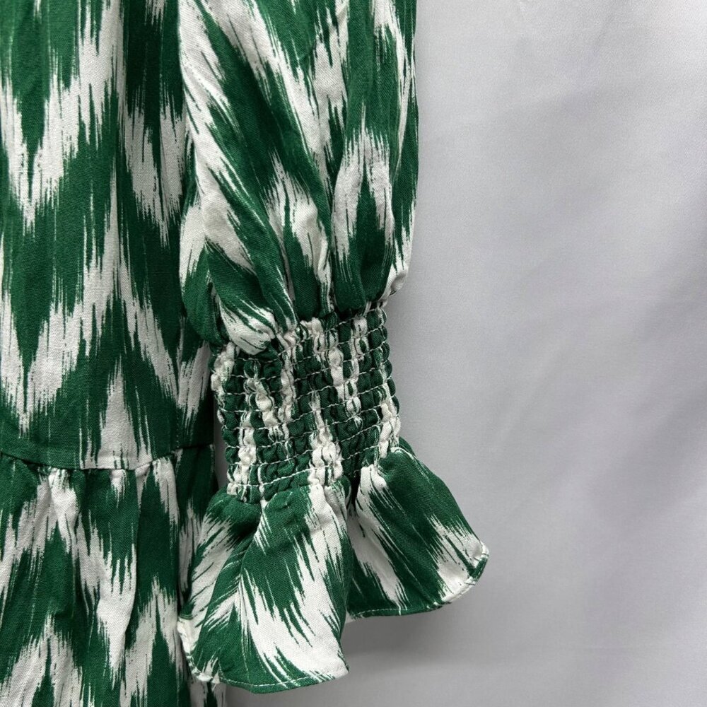 Pomander Place Ikat Kenzo Dress XS Green White Chevron Print Tiered V-Neck Ruffl - Picture 6 of 15